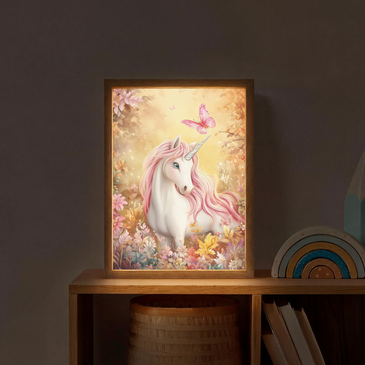 DOBÍJECÍ NOČNÍ LAMPIČKA Jednorožec - Květiny - Motýl - Růžová 30x40 cm - béžová, kompozitní dřevo (8/30/40cm) - OnlyWow