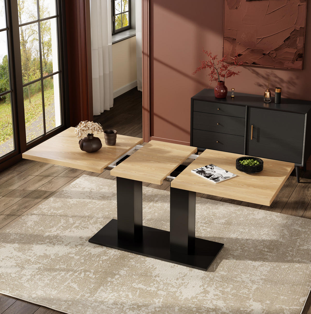 ESSTISCH 140/180/70 cm natur aus MDF mit Ausziehfunktion - Schwarz, Holzwerkstoff (180/70/75cm) - OKWISH