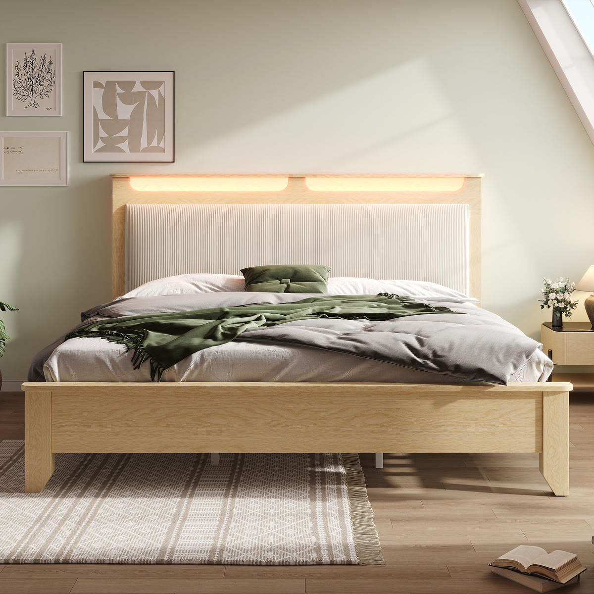 DOPPELBETT 160/200 cm Beige Cordpolster mit Stauraum und LED-Beleuchtung aus Eiche - Beige, Textil (160/200cm) - OKWISH