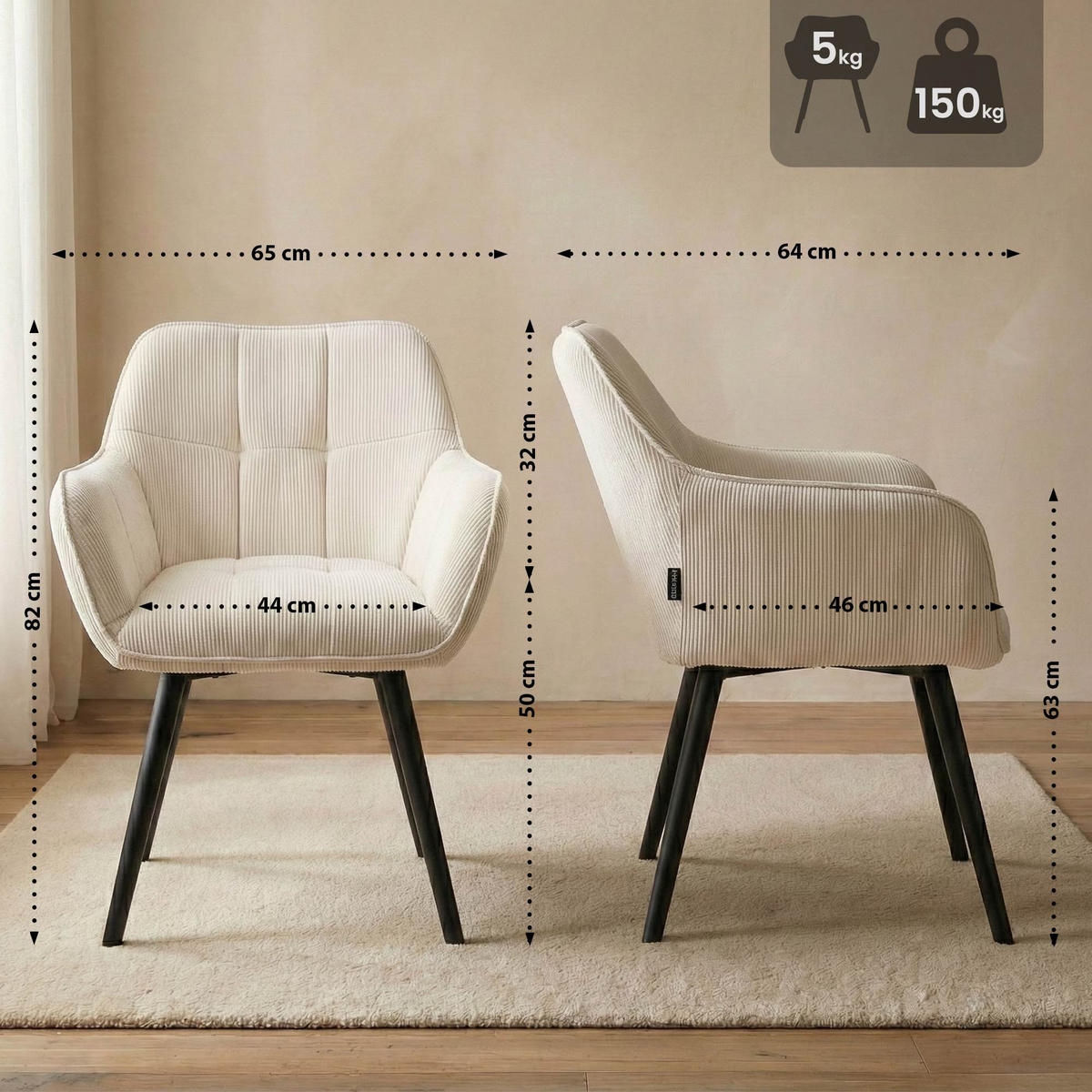 ESSZIMMERSTUHL Cord Creme - Creme/Schwarz, Holz/Textil (65/82/64cm) - CLP