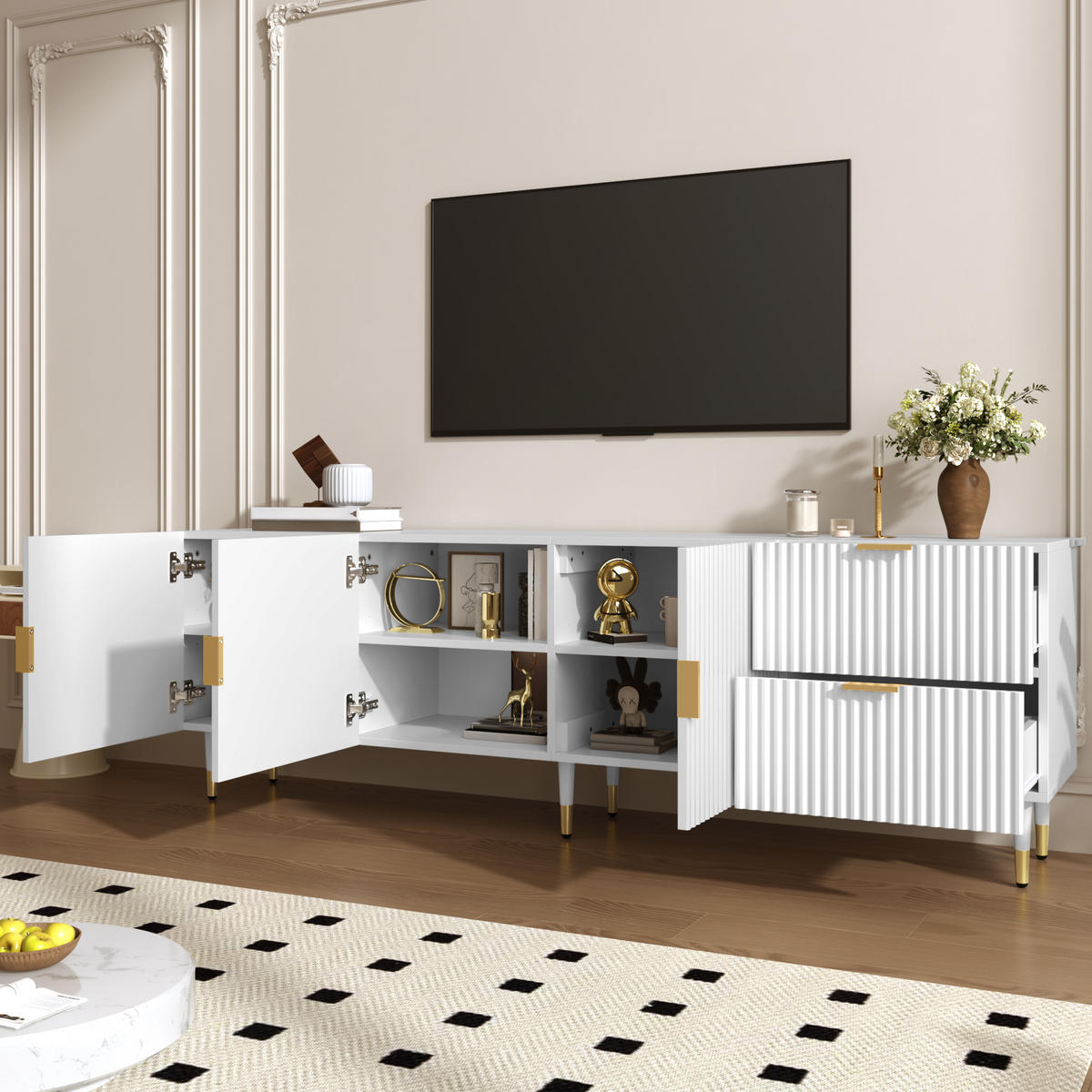 TV-SCHRANK mit Schubladen, goldenen Griffen und Beinen - Weiß, Holzwerkstoff (170/55/35.5cm) - FLIEKS