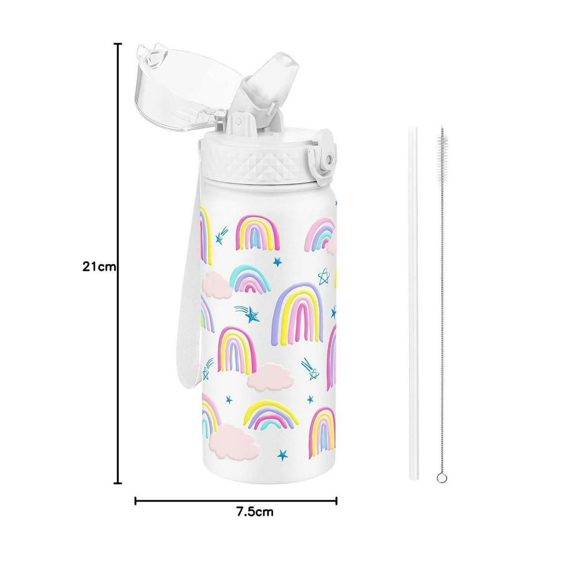 TRINKFLASCHE Kinder 550 ml Edelstahl mit Strohhalm und auslaufsicherem Deckel BPA-frei Weißer Regenbogen - Multicolor, Metall (7.5/7.5cm)
