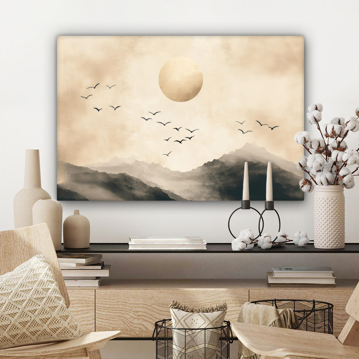 LEINWANDBILD Landschaft - Japandi - Vogel Gemälde 60x40 cm - Beige, Textil (60/40cm) - MuchoWow