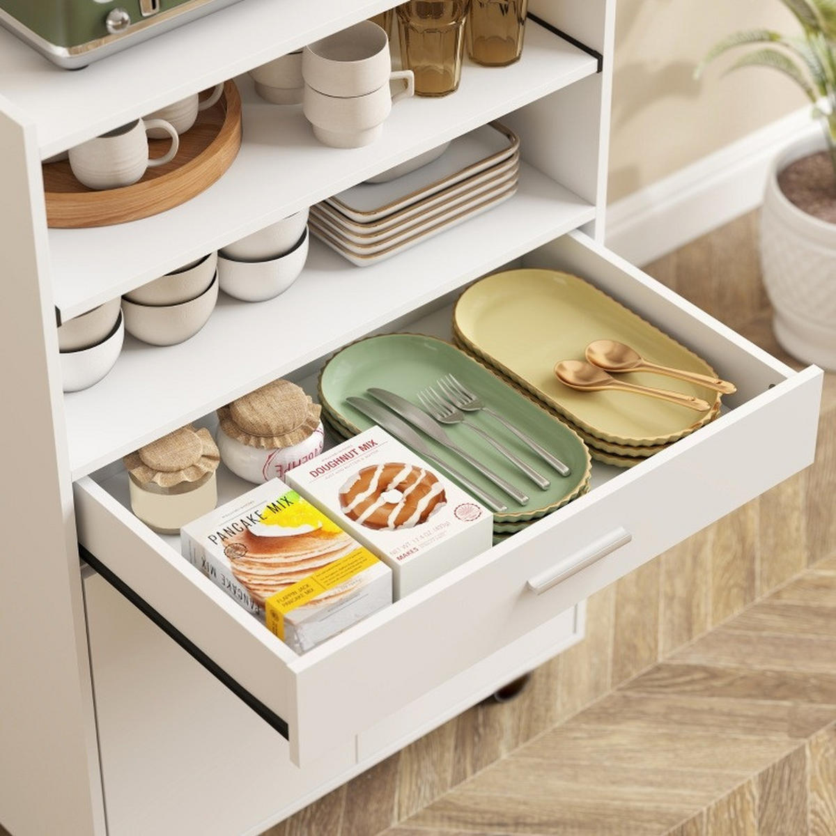 BUFFETSCHRANK mit Rollen, Schublade und Doppeltürschrank im minimalistischen Design, Weiß - Weiß, Holz (59/92/40cm) - Redom