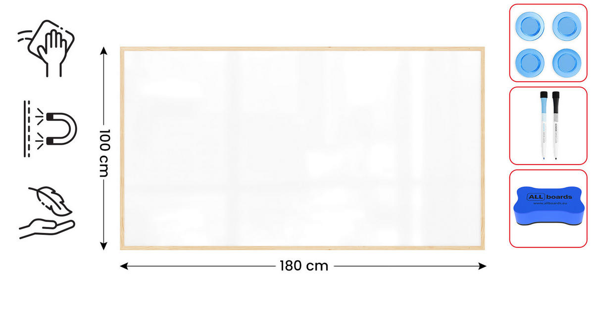 MAGNETISCHES Whiteboard mit Naturholzrahmen 180x100cm - Weiß, Metall (180/100/1.8cm) - ALLboards