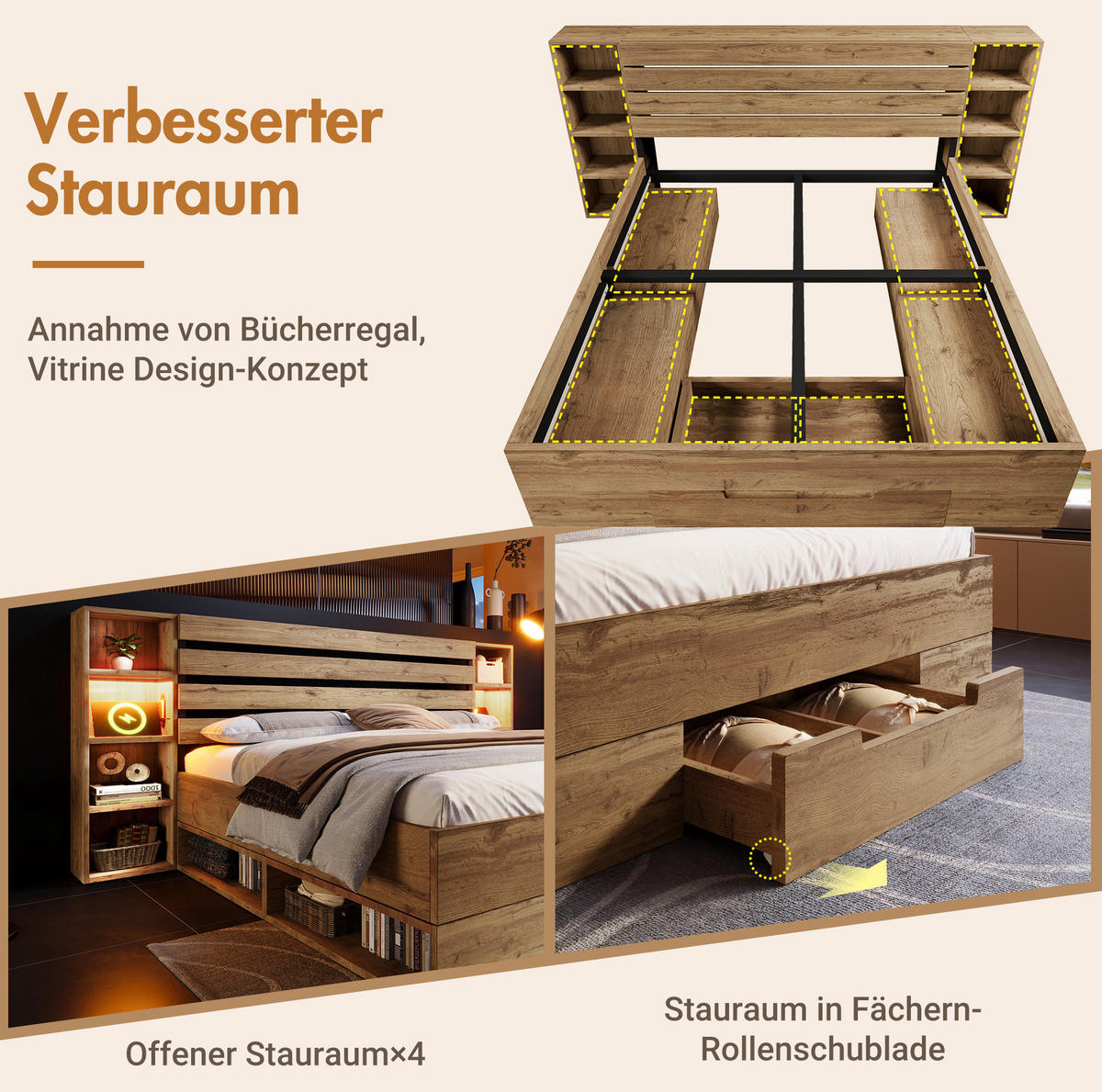 POLSTERBETT 180/200 cm in Eiche mit LED-Beleuchtung, Stauraum und USB-/Type-C-Anschlüssen - Eichefarben, Metall (180/200cm) - Flora Grace