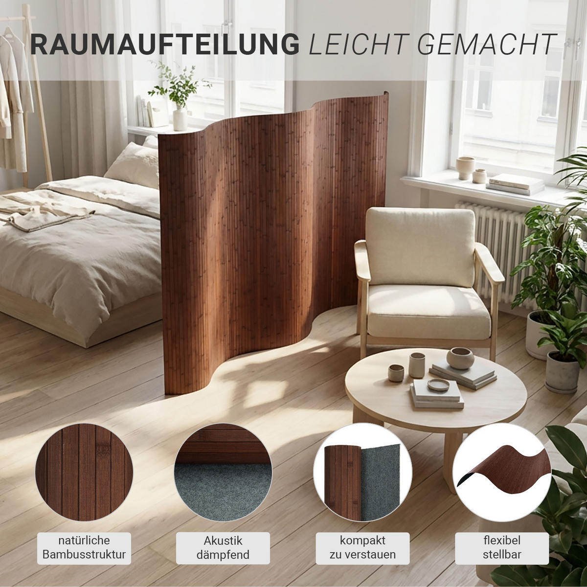 PARAVENT 250/145 cm Dunkelbraun Raumteiler Bambus - Dunkelbraun, Naturmaterialien (250/145/1cm) - Homestyle4u