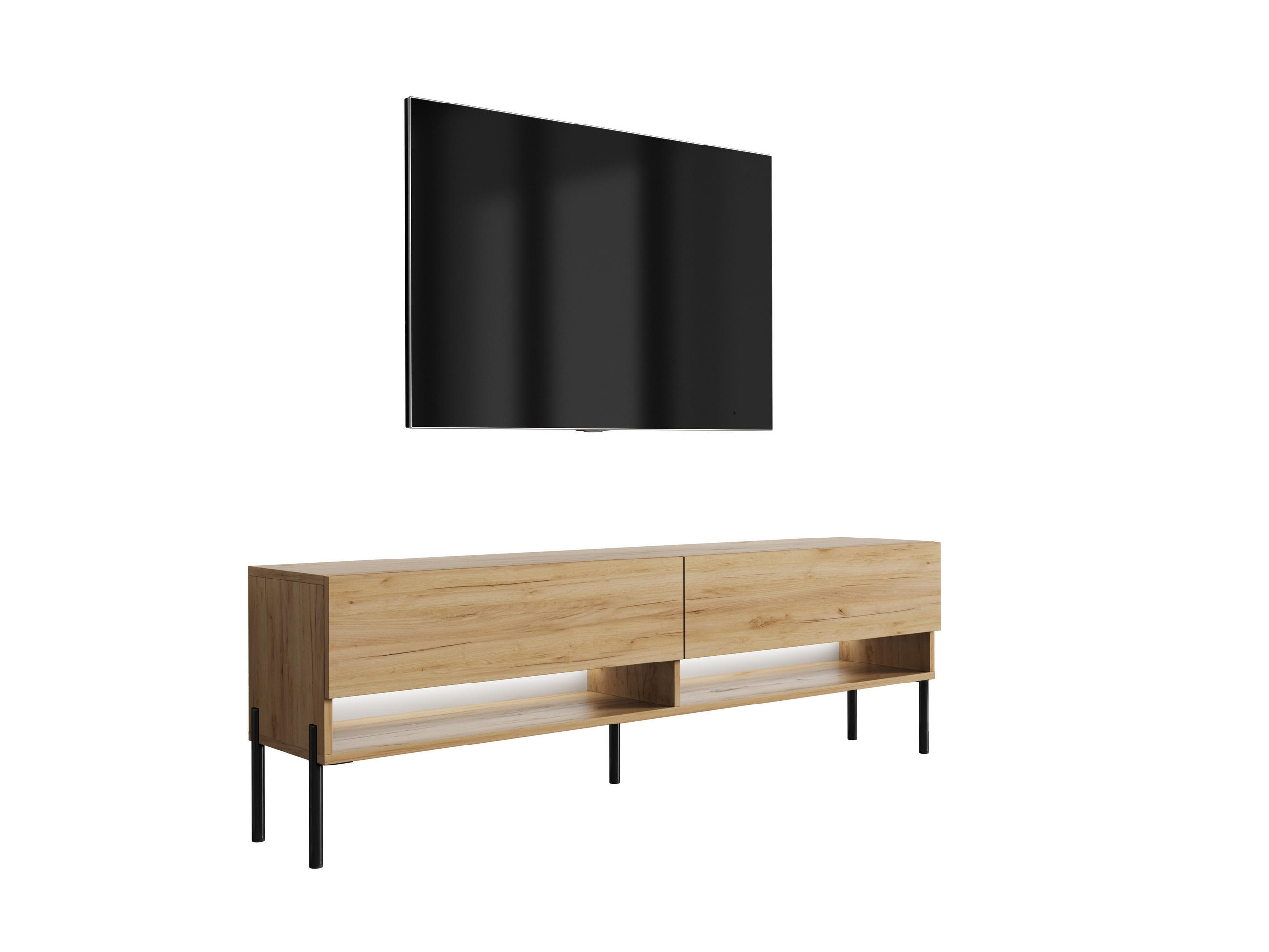 TV-LOWBOARD 170 cm Eiche Craft, gerade schwarze Beine, weiße LED, 170 × 32 × 52 cm - Braun, Holzwerkstoff (170/52/32cm) - 3XE LIVING