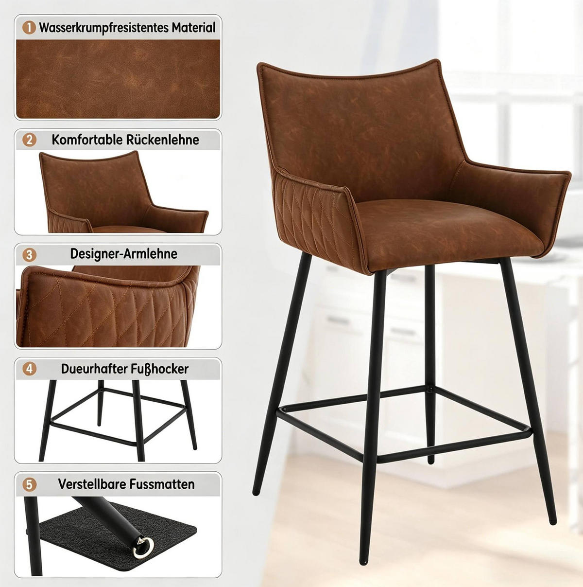 BARHOCKER 2er-Set mit Rückenlehne und Armlehnen, 62 cm Sitzhöhe, PU, Braun - Braun, Metall (49/90/51cm) - MIVRAY