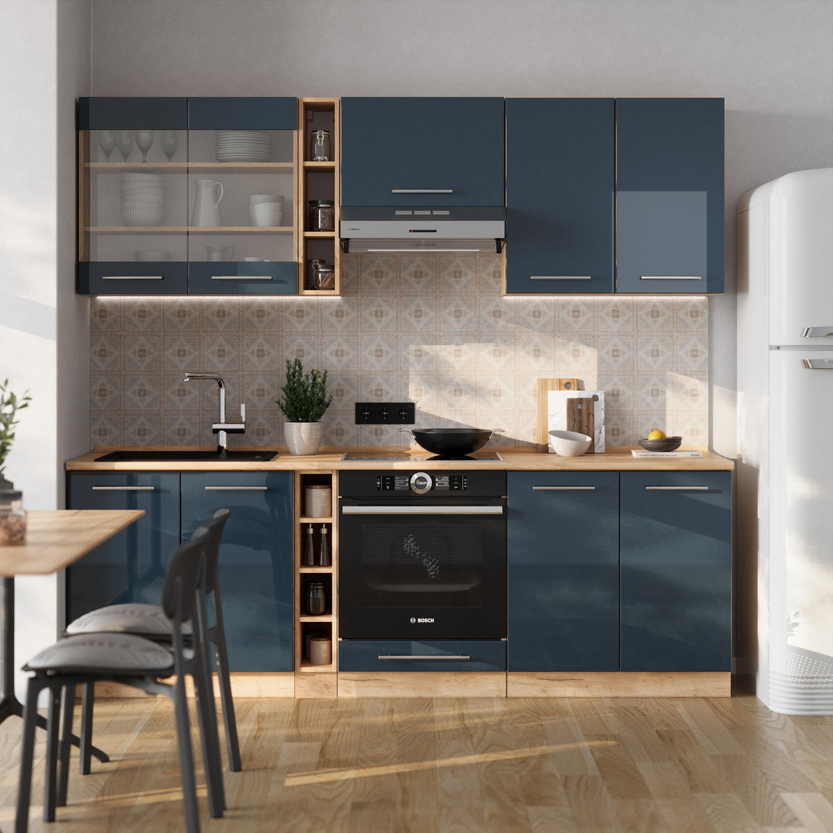 KÜCHENZEILE Fame-Line Dunkelblau Hochglanz/Goldkraft Eiche 235 cm AP Marmor - Eiche Wotan/Dunkelblau, Holzwerkstoff (235/81.6/60cm) - Vicco