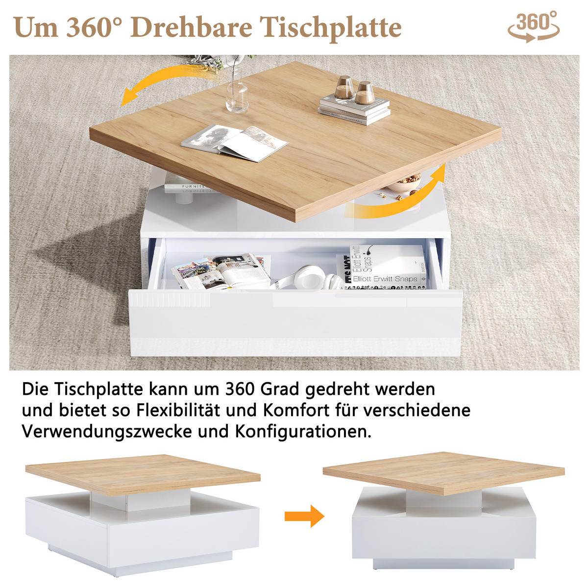 COUCHTISCH 360° drehbares Design mit Stauraum Walnuss/Weiß Hochglanz robuster Spanplatte versteckte Schublade - Walnussfarben/Weiß, Holzwerkstoff (70/70/36cm) - EVRYAE