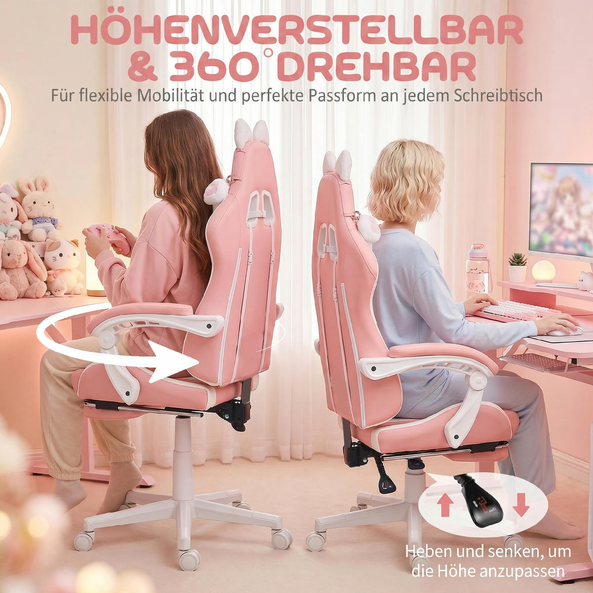 GAMING-SESSEL mit Katzenohren, neigbare Lehne, ausziehbare Fußstütze, bis 120 kg, Rosa/Weiß - Rosa, Leder (62/124/65cm)