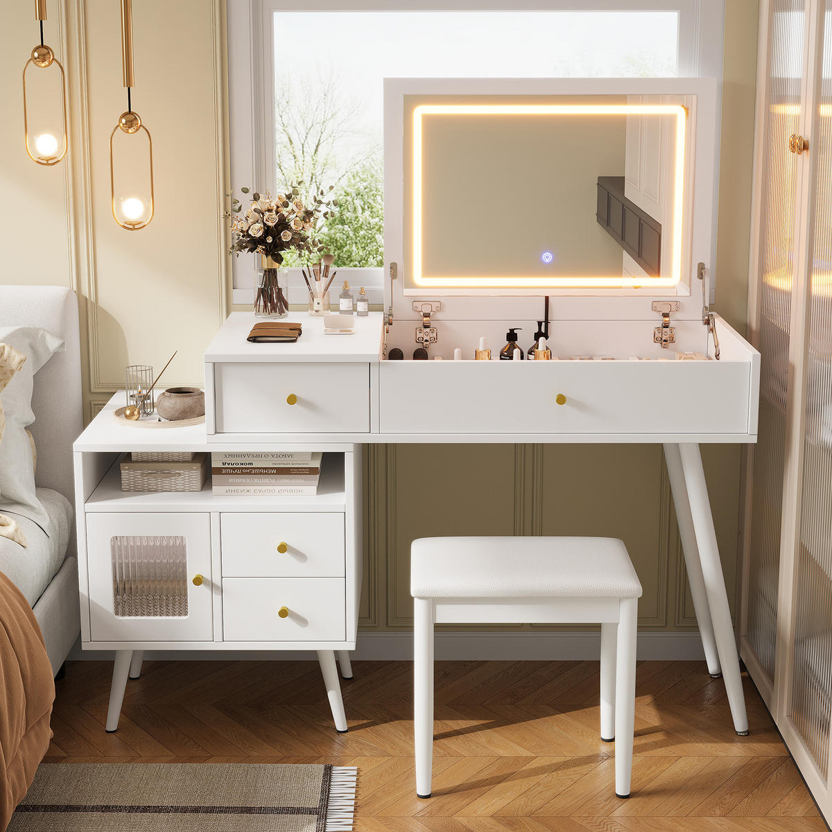 SCHMINKTISCH in Weiß mit Hocker und LED-Beleuchtung für Schlafzimmer, B120/T50/H77.5 cm - Weiß, Holzwerkstoff (120/77.5/50cm) - STILVORA