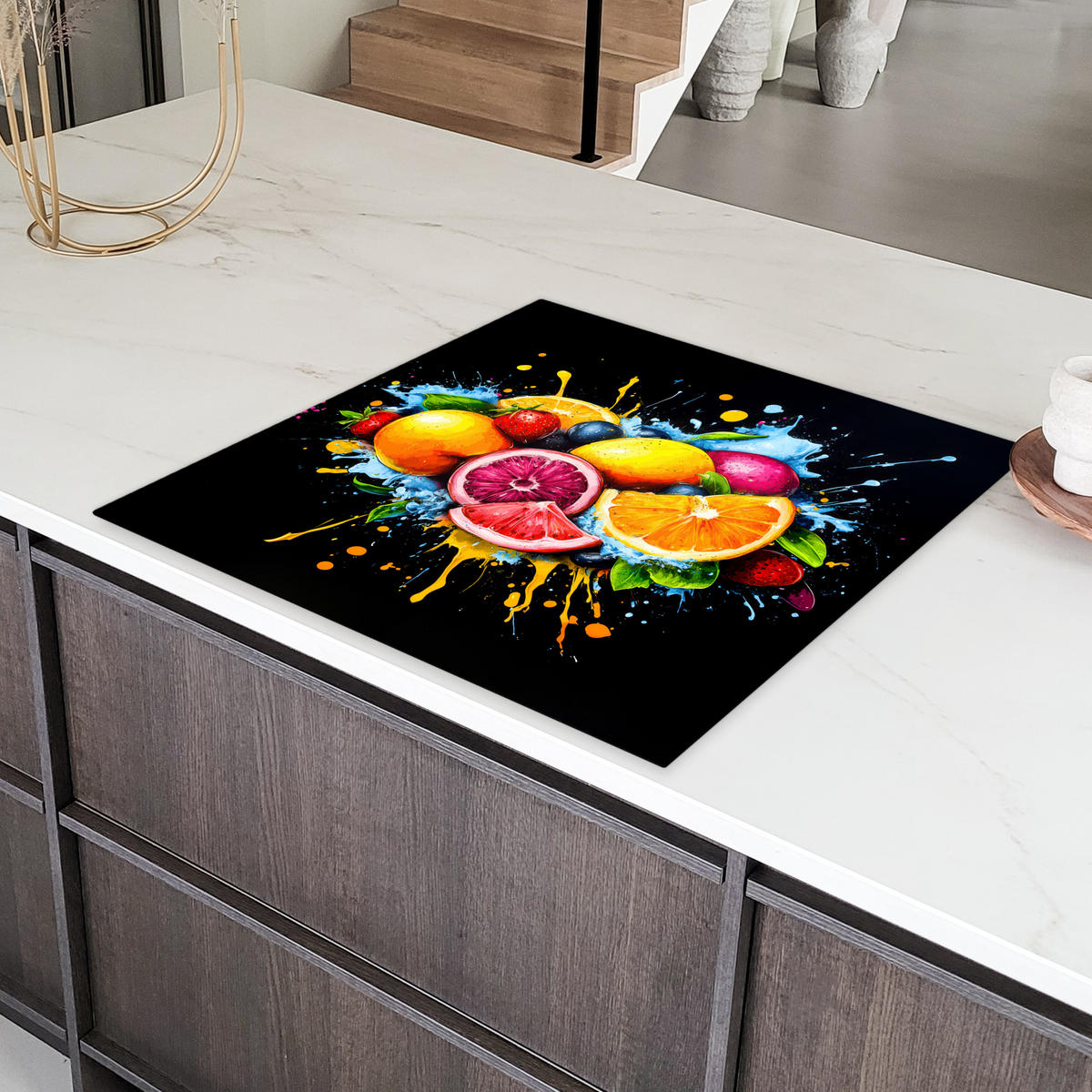 HERDABDECKPLATTE Obst - Graffiti - Bunt - Orange - Erdbeere - Abstrakt 78x78 cm - Orange, Kunststoff (78/0.2/78cm) - MuchoWow