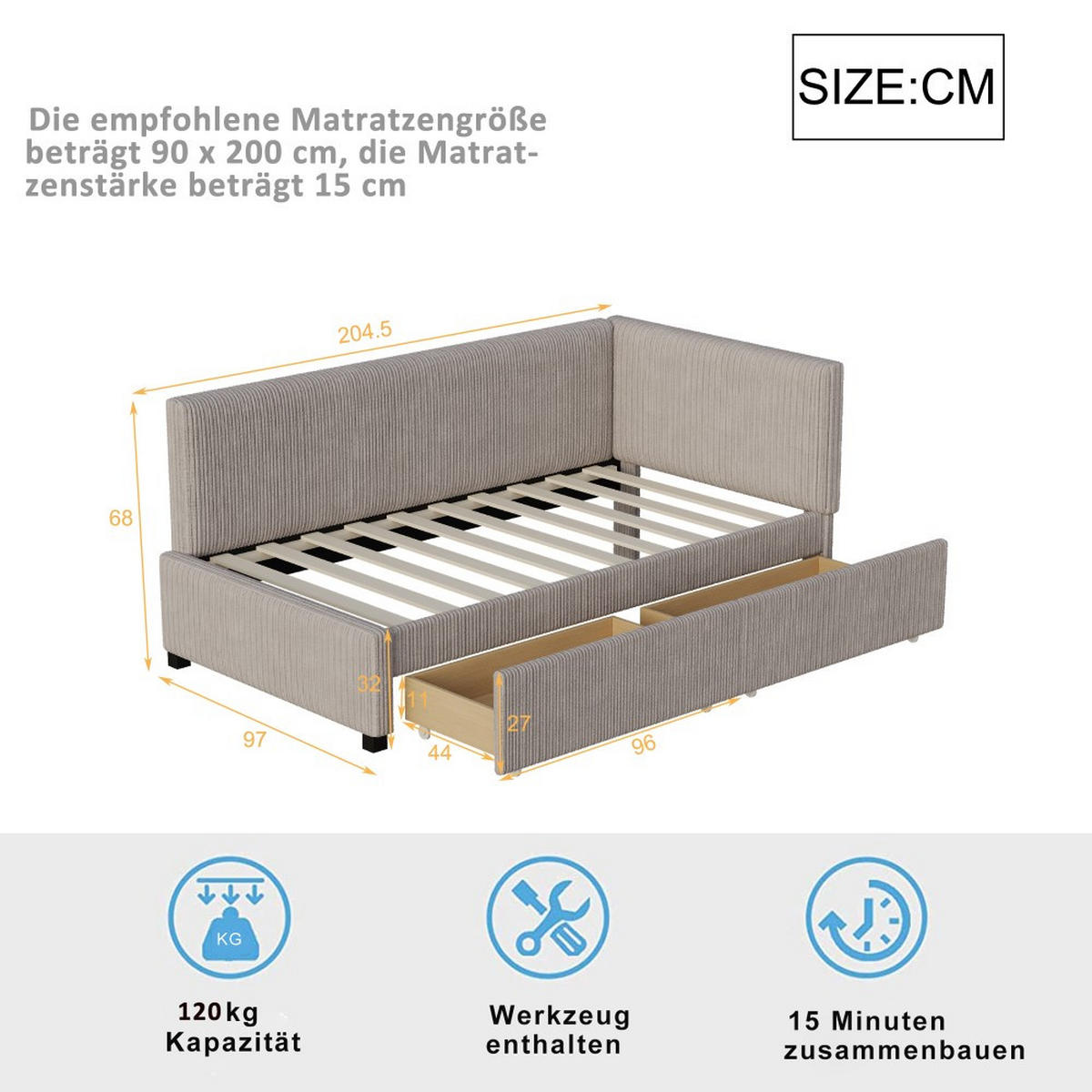SCHLAFSOFA 90x200 cm in Grau Samtstoff mit 2 großen Stauraumschubladen - Grau, Holz/Textil (97/68/204.5cm) - KOMHTOM