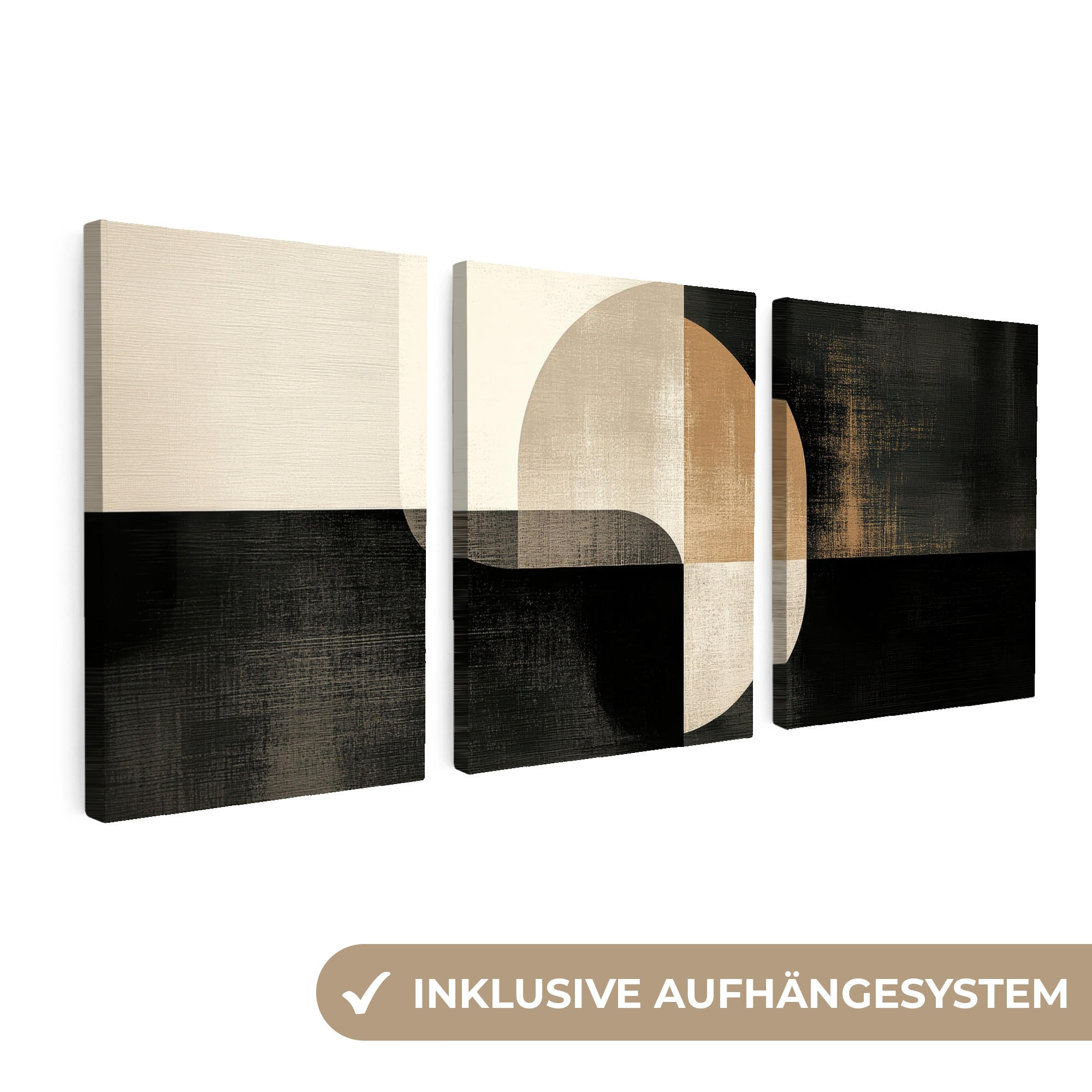 LEINWANDBILD 3er Set Formen - Abstrakt - Gold 180x80 cm - Schwarz, Textil (180/80cm) - MuchoWow
