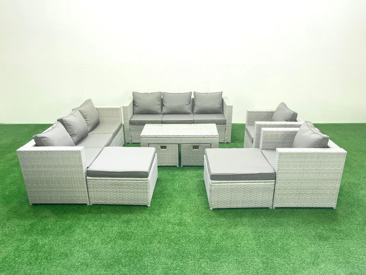 BALKONMÖBEL-SET Polyrattan Hellgrau-Mix 12-teilig - Hellgrau/Grau, Glas/Kunststoff - Fimous