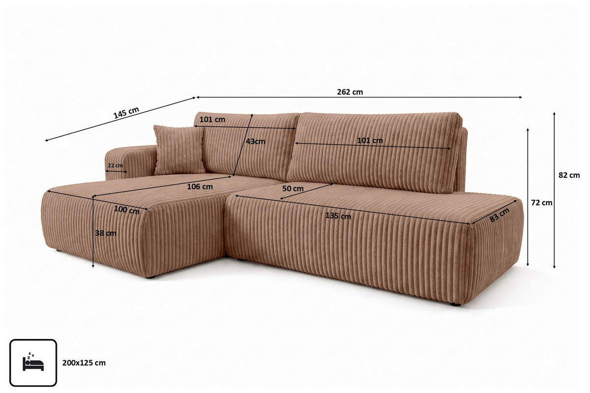 ECKSOFA Mit Schlaffunktion Und Bettkasten, Cordstoff Tilia, Braun, Links, OPEN XL - Braun, Holz (262/145cm) - Kaiser Möbel