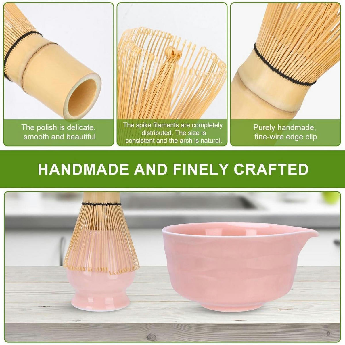 MATCHA-SET 5-teilig Rosa mit Besen, Schale und Löffel - Rosa, Keramik (14/10/14cm)