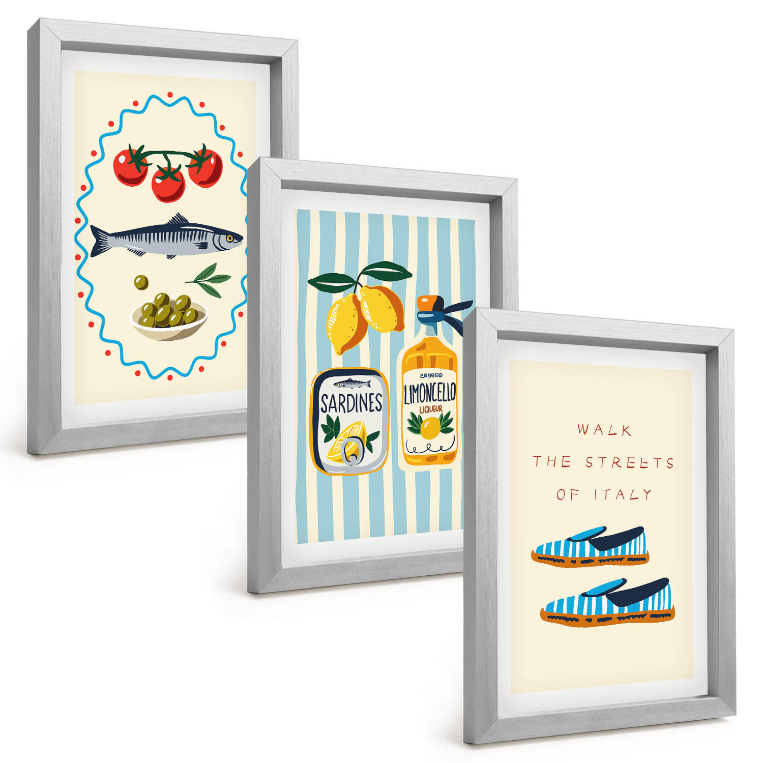 BILDER SET 3er Set - 20x30 cm Silberner Rahmen - Italienische Aromen und Lifestyle-Bilder - Silberfarben, Kunststoff (20/30cm) - TULUP