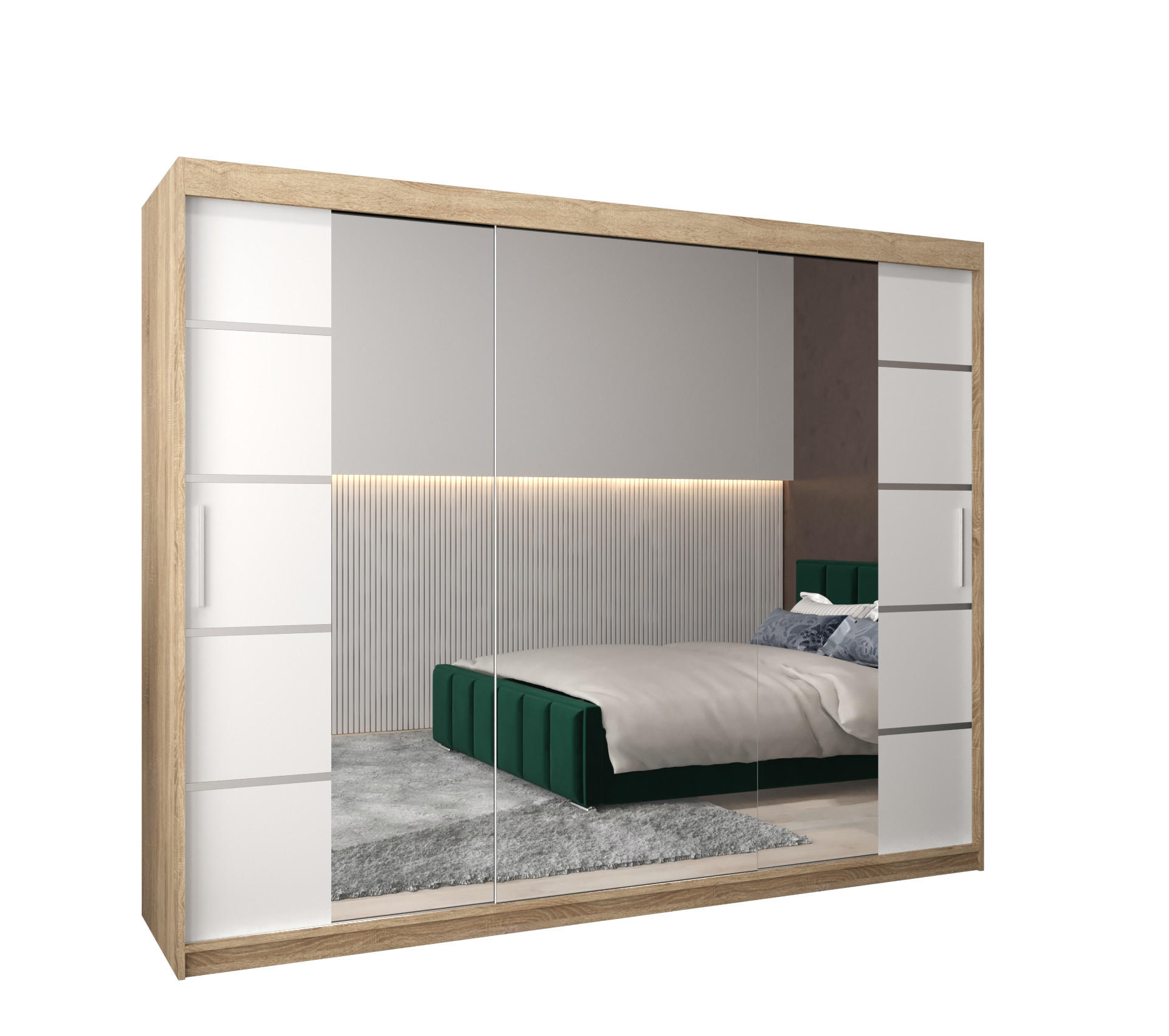 Möbel Kryspol Schwebetürenschrank Sonoma Eiche, Weiß, Silber 250x200x62 cm