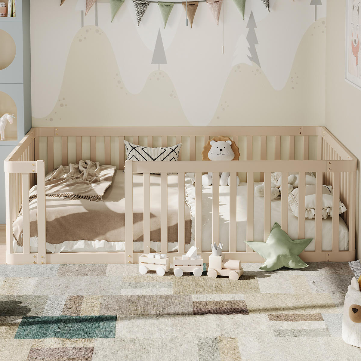 BODENBETT 90/200 cm DE-03458, mit Zaun, in Natur - Creme, Holz (90/200cm) - ComfortXL