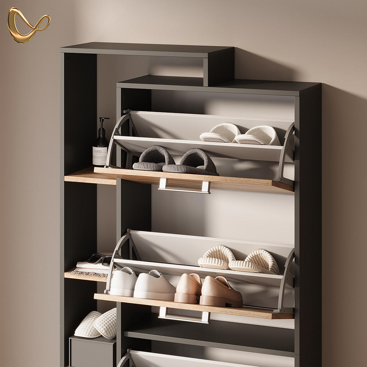 SCHUHKIPPER Ortello Goldkraft Eiche/Anthrazit 80 x 166.1 cm mit 4 Fächern - Honigeiche/Anthrazit, Holzwerkstoff (80/166.1/24.2cm) - Livinity®
