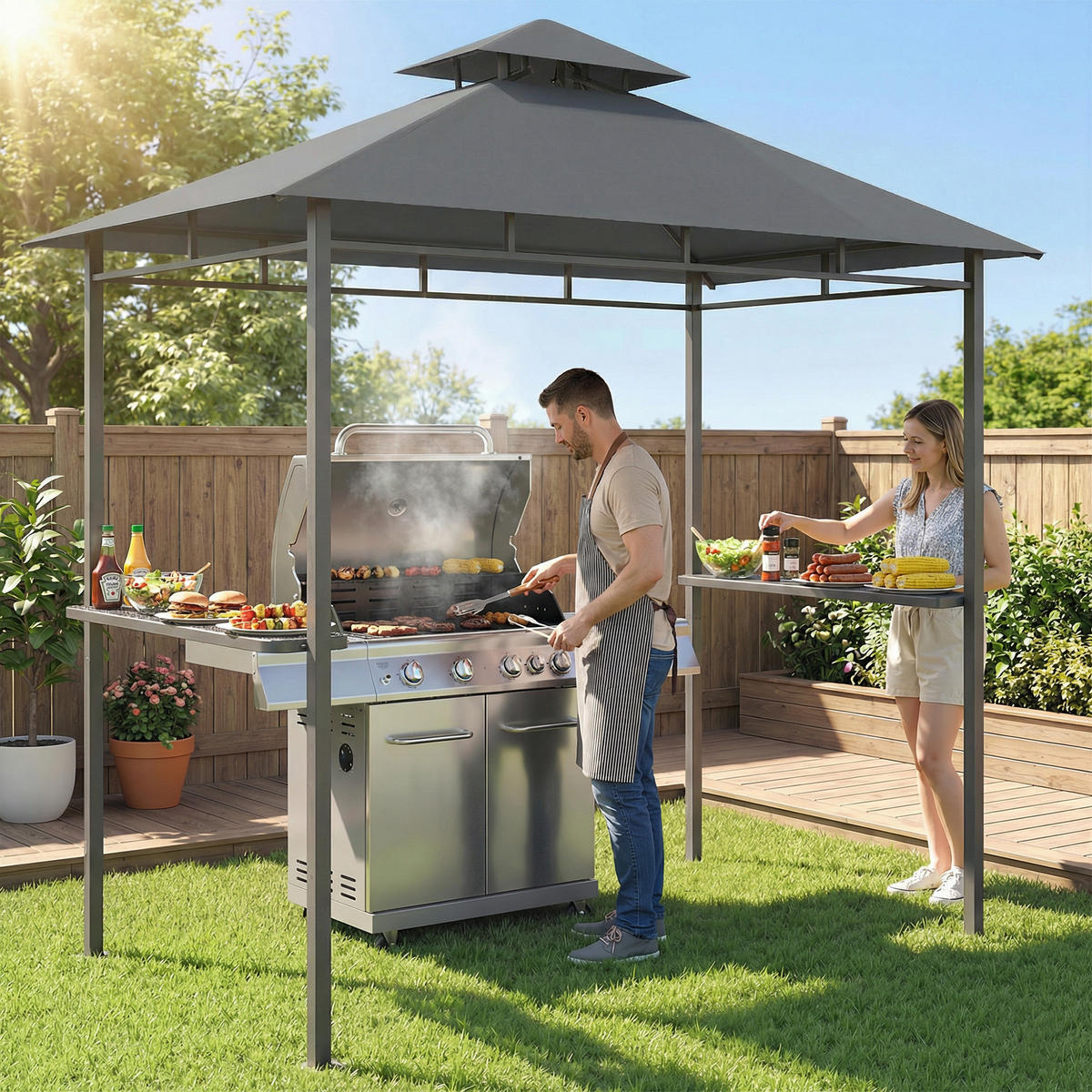 GRILLPAVILLON 2,4 x 1,4 m, Windfest Grillüberdachung mit Doppeldach Lüftungsöffnung Seitenregalen - Dunkelgrau, Textil (245/255/146cm)