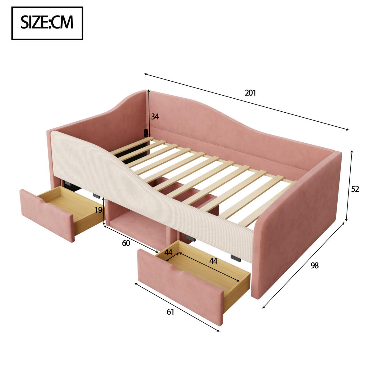 SAMT-POLSTERBETT 90/190 cm mit 2 Schubladen und gepolsterten Schutzgittern - Rosa, Textil (90/190cm) - BEAOK