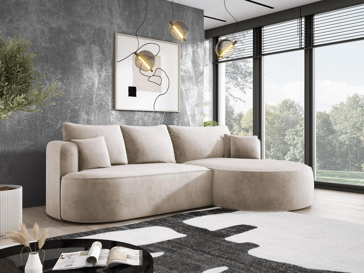 ECKSOFA FIORE L-förm Moderne Ausziehbare Schlaf-Funktion, automatischer Auffaltung, lose Rückenkissen freistehend RECHTS 284x183x82cm Beige - Beige, Holz/Textil (284/183cm) - DomoHome