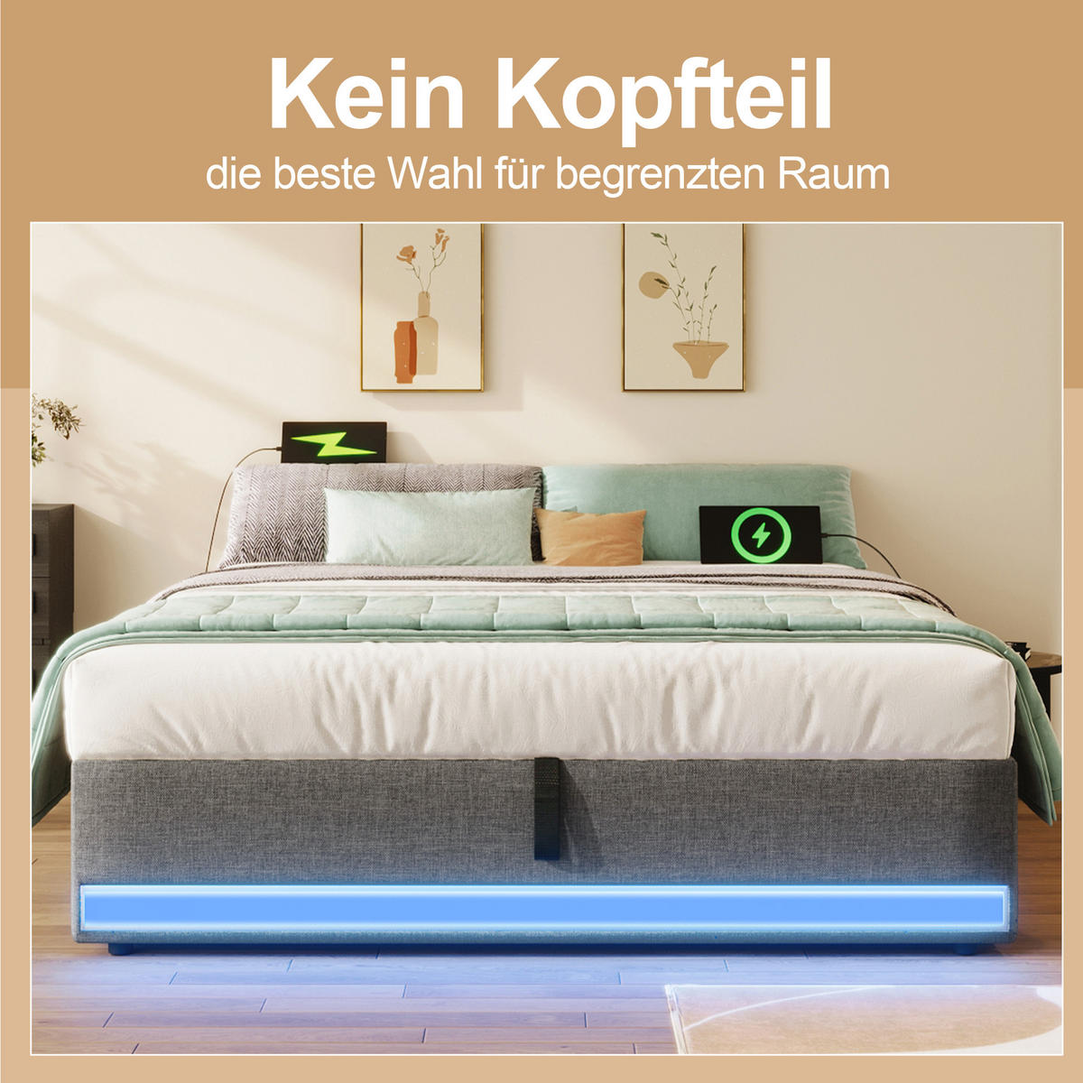 POLSTERBETT 140x200cm Grau LED-Leiste USB-C Hydraulik - Grau, Holz (140/200cm) - FLIEKS