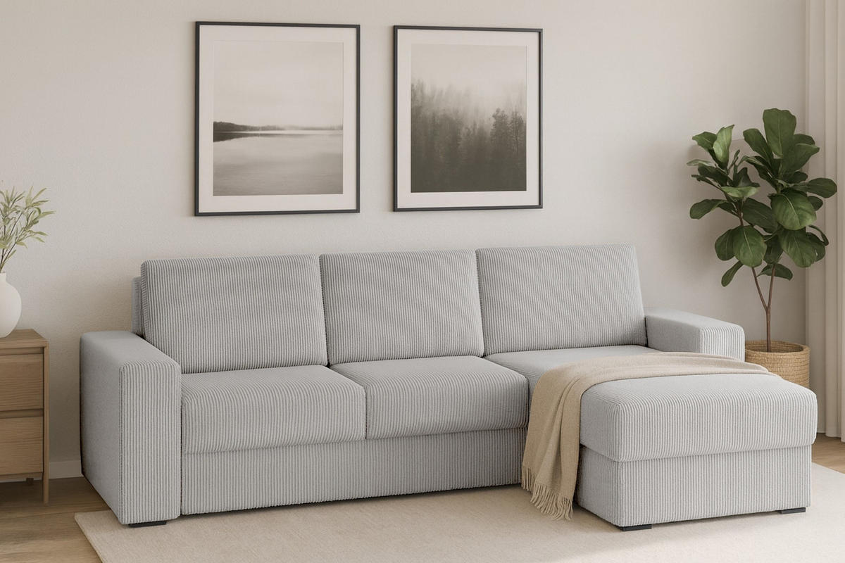 ECKSOFA TOCO L 240x145 cm in Cord Hellgrau rechts - Hellgrau, Holz/Holzwerkstoff (240/145cm) - Deine Möbel 24