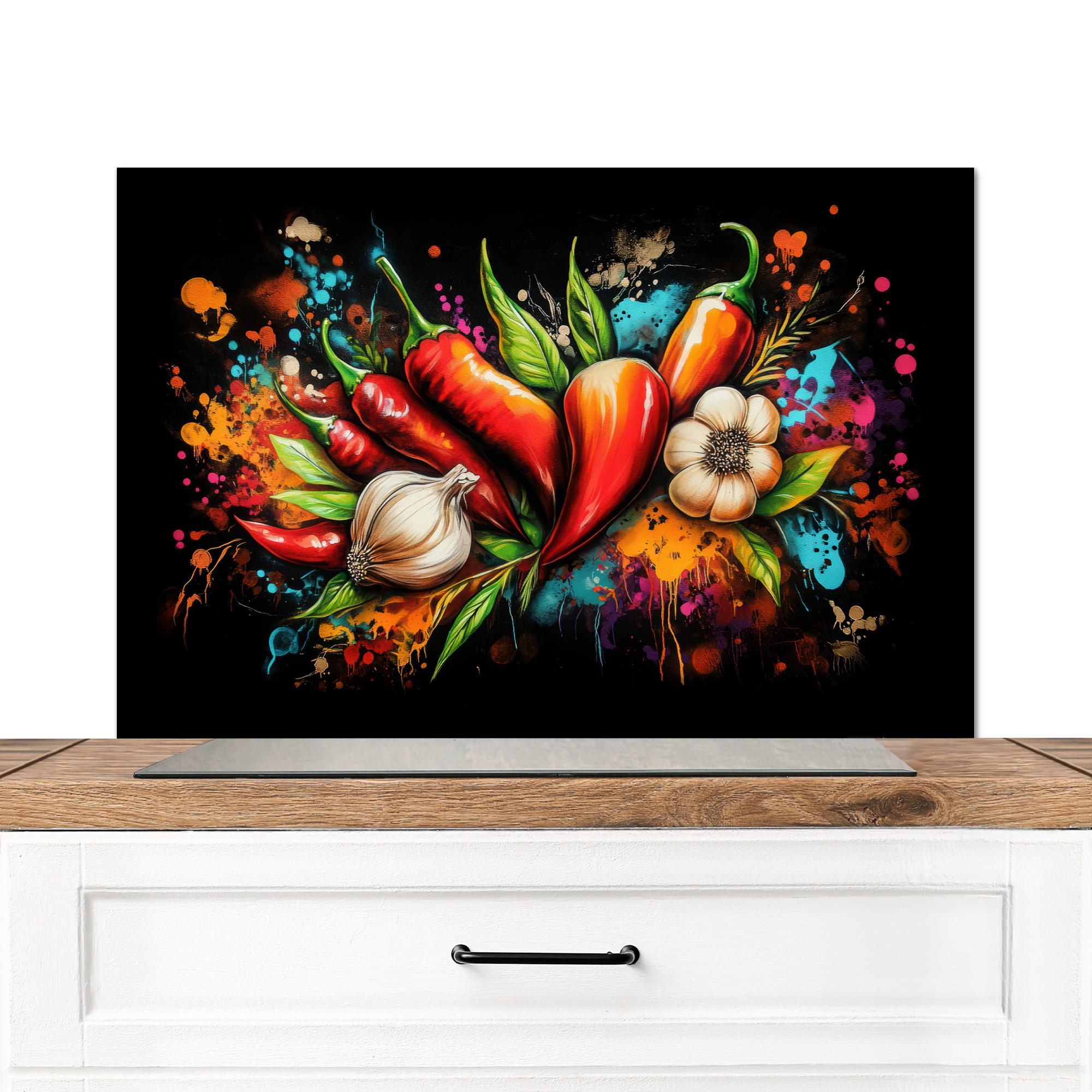 SPRITZSCHUTZ KÜCHE Gemüse - Paprika - Knoblauch - Graffiti - Farbe - Bunt 90x60 cm - Rot, Metall (90/0.3/60cm) - MuchoWow