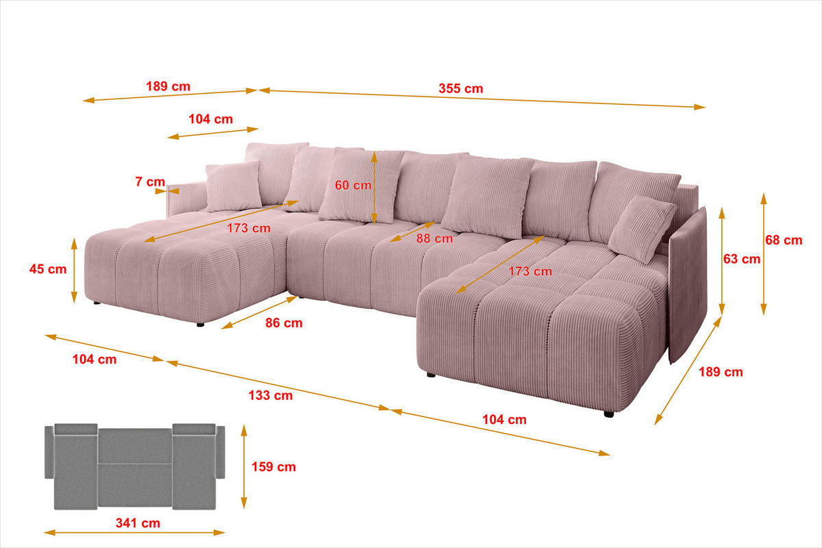 WOHNLANDSCHAFT LONLI-U 355x189x68 Rosa Cord - Rosa, Holzwerkstoff/Kunststoff (355/68/189cm) - ALTDECOR