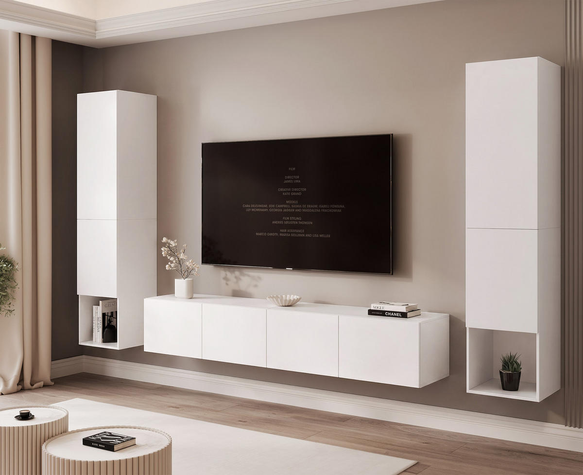 WOHNWAND ANGEL LINE II 3-teilig, mit LED-Beleuchtung, Weiß matt - Weiß, Holzwerkstoff (280/180/40cm) - Idohome