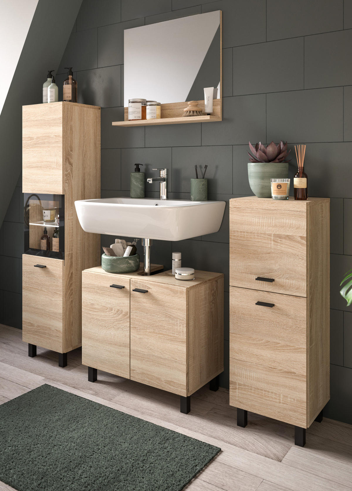 BADMÖBEL-SET Eiche 4-teilig 140 cm, Komplettset hängend oder stehend - Eichefarben/Schwarz, Glas/Holzwerkstoff (137/186/33cm) - Inn.Furn