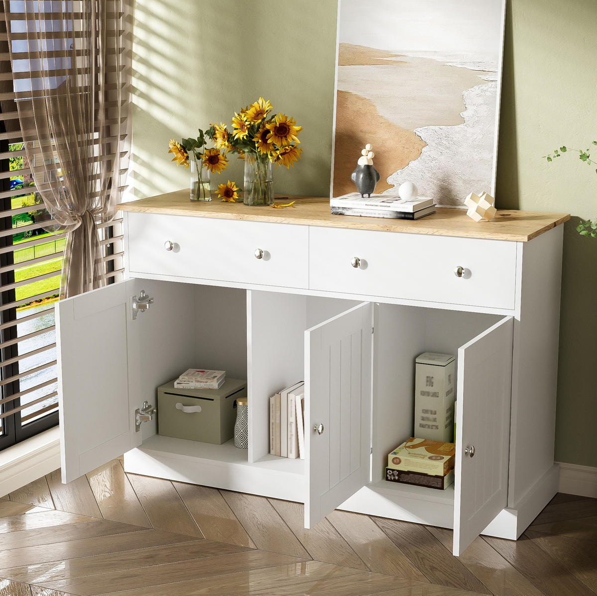 SIDEBOARD mit 3 Türen und 2 Schubladen, geprägte Front, 120/36/80,5 cm, Weiß und Holzoptik - Weiß, Holzwerkstoff (10/80.5/36cm) - Redom