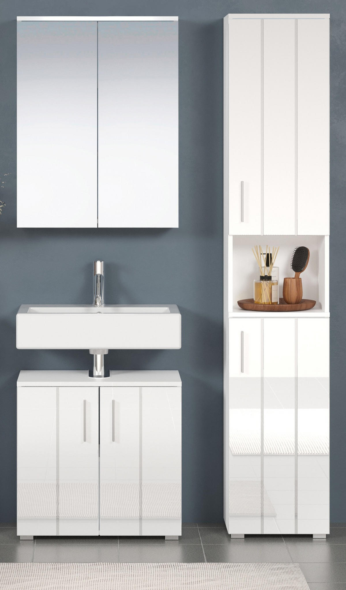 BADMÖBEL-SET weiß Hochglanz 112 x 192 cm, Badezimmer Schränke mit viel Stauraum - Weiß Hochglanz/Silberfarben, Holzwerkstoff/Kunststoff (112/192/32cm) - Top.Furn