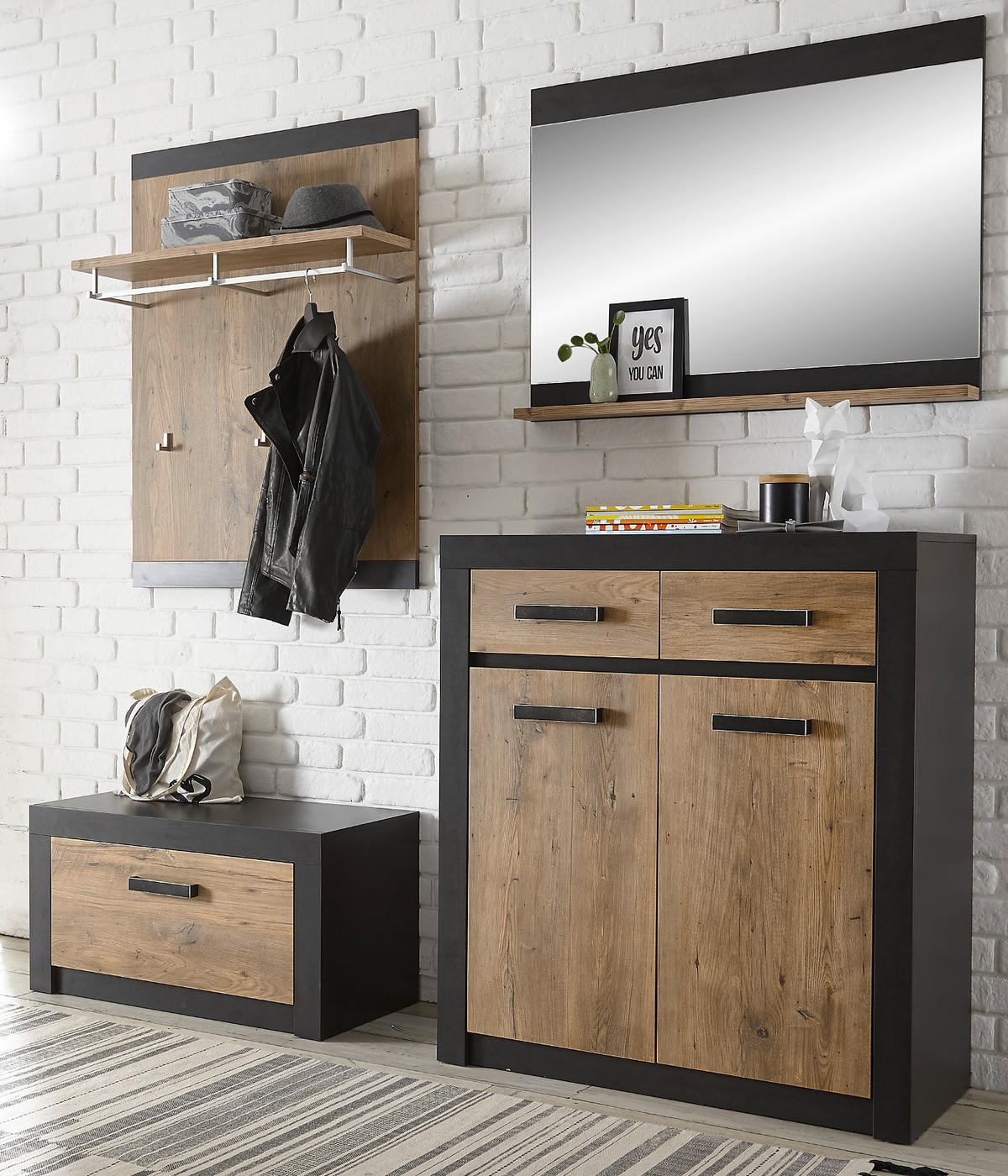 GARDEROBENKOMBINATION Kastanie grau Fresco, Garderobe Set 4-teilig, 192 x 200 cm - Kastanienfarben/Dunkelgrau, Holzwerkstoff/Kunststoff (192/200/42cm) - Furn.Design