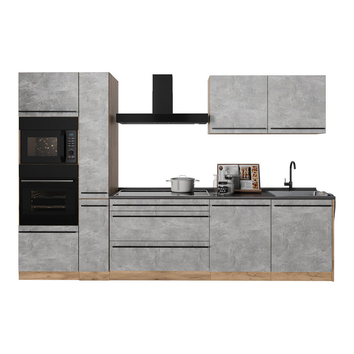 KÜCHENZEILE R-Line, Beton/Goldkraft Eiche, 310 cm Arbeitsplatte Anthrazit - Honigeiche/Grau, Holzwerkstoff (310/206.8/60cm) - Vicco