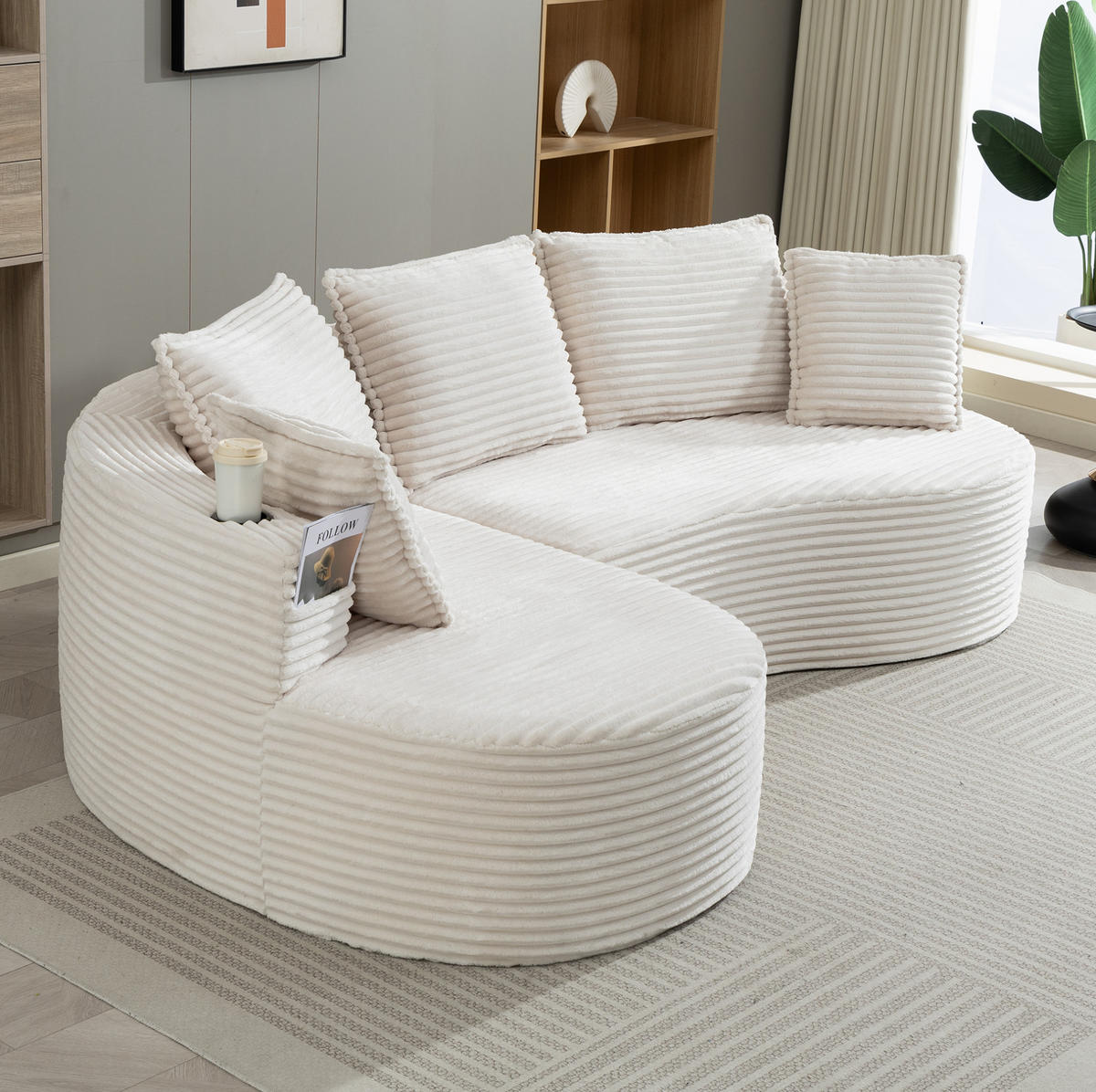 ECKSOFA aus Cord 250x152x82 cm Beige mit Getränkehaltern, Seitentaschen und Kissen im Bogendesign - Beige, Textil (250/152cm) - Modfu