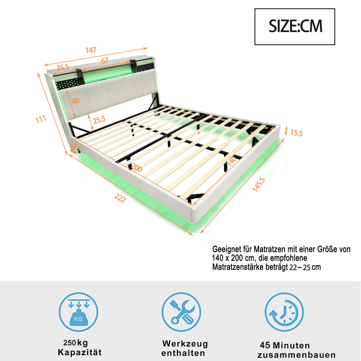 POLSTERBETT 140/200 cm beige aus Leinenstoff mit LED und USB-Anschluss mit Stauraum - Beige, Textil (140/200cm) - OKWISH