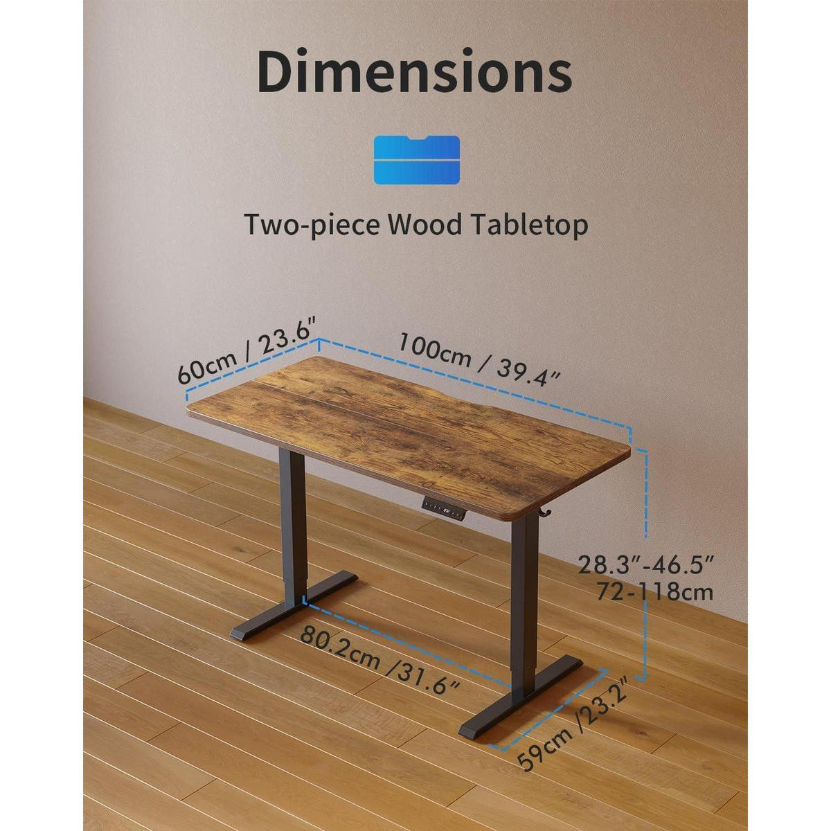 SCHREIBTISCH höhenverstellbar elektrisch 100 x 60 cm Braun mit USB-Anschlüssen - Braun, Holzwerkstoff (60/100/72cm)