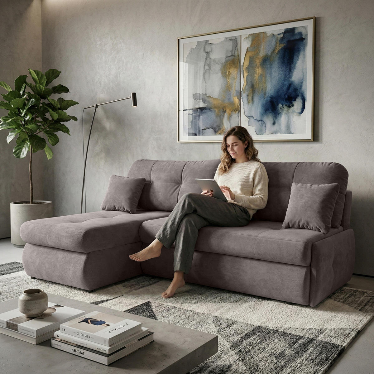 ECKSCHLAFSOFA Tino mit Schlaffunktion und Bettkasten, universeller Ottomane, Braun - Braun, Textil (216/155cm) - Beautysofa