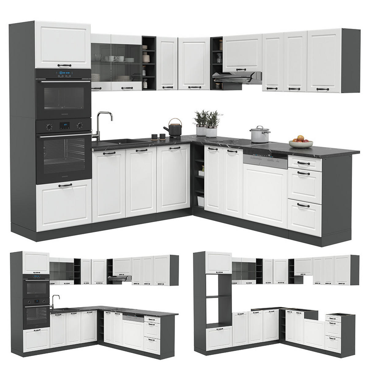 ECKKÜCHE R-Line Weiß Landhaus/Anthrazit 237 x 247 cm, AP Marmor - Anthrazit/Weiß, Holzwerkstoff (247/81.6/60cm) - Vicco