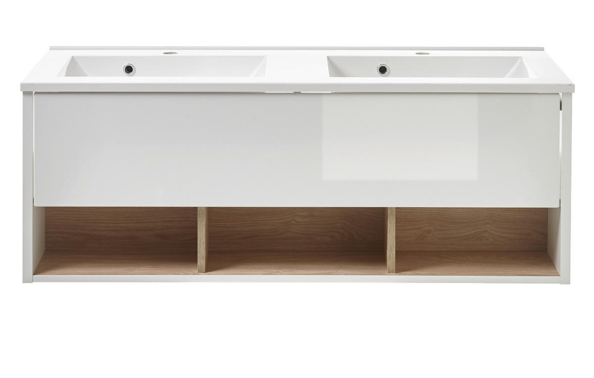 WADSCHTISCHKOMBI weiß Hochglanz und Eiche, Doppelwaschtisch inkl. 2x Waschbecken, Breite 120 cm - Weiß Hochglanz/Eichefarben, Holzwerkstoff (120/44/47cm) - Furn.Design