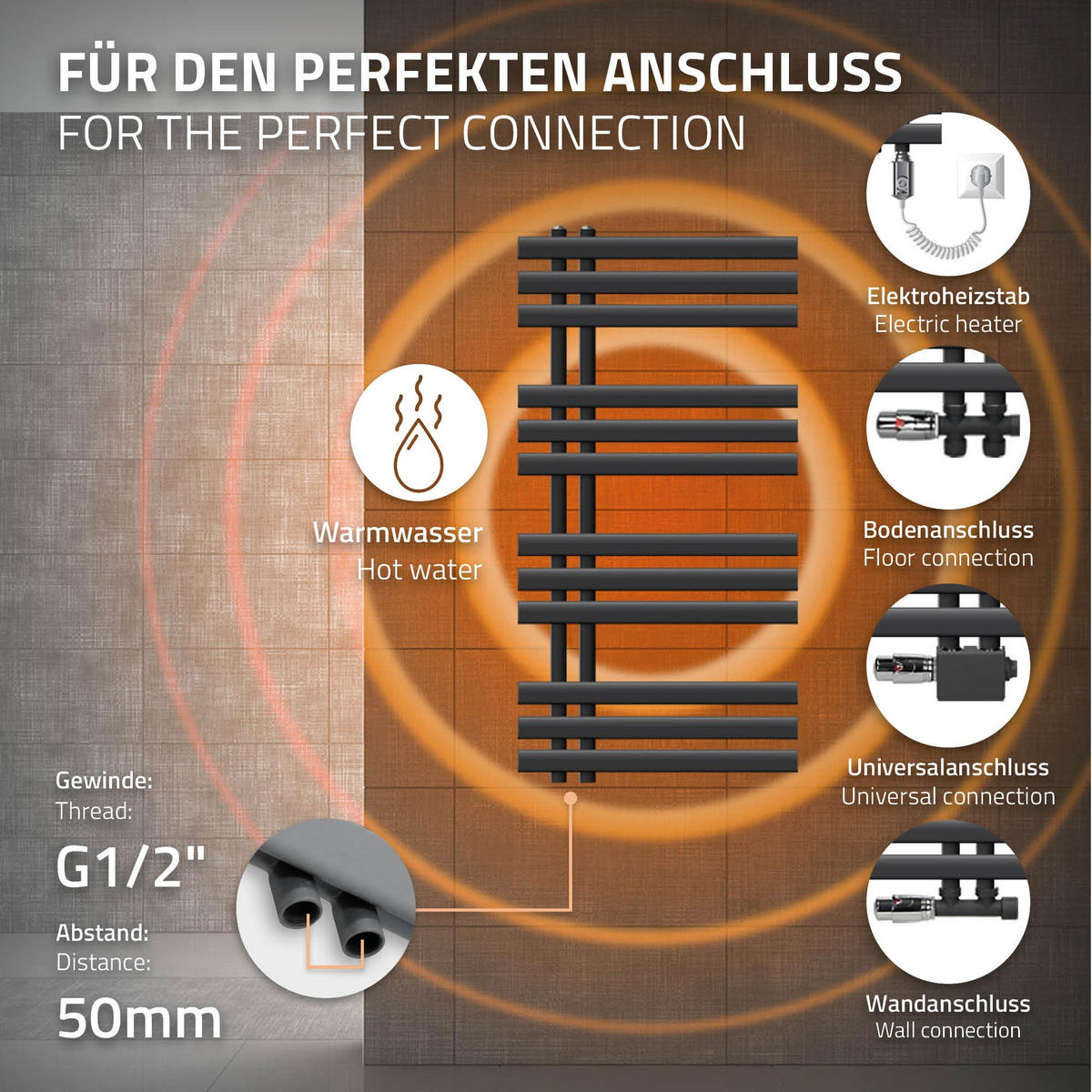 BADHEIZKÖRPER elektrisch Iron EM 500x1000 mm Anthrazit mit Heizstab 300W - Anthrazit, Metall (50/100/3cm) - LuxeBath