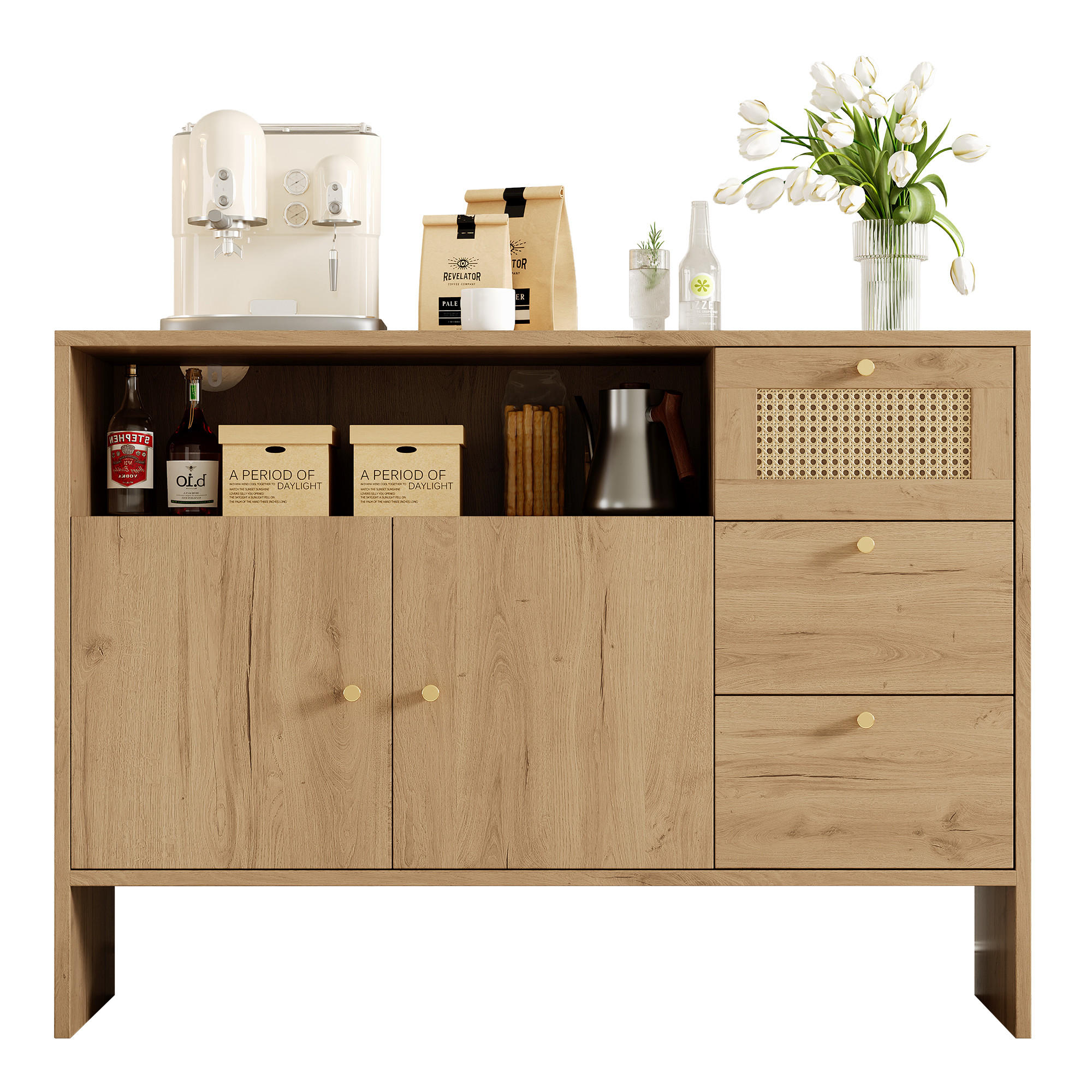 SIDEBOARD aus Spanplatte 40x105x76 cm Natur mit 2 Türen, 3 Schubladen und offenem Fach in Rattan-Optik - Naturfarben, Holzwerkstoff (105/76/40cm) - Modfu