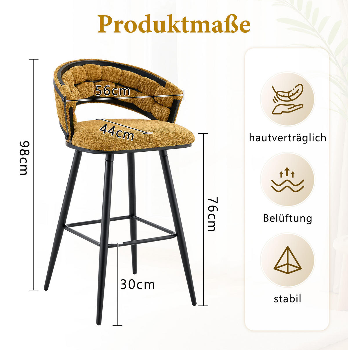 BARHOCKER mit Samtbezug Gelb Schwarz Metall 2er-Set - Gelb, Metall (50.5/98.5/56.1cm) - Meubliv