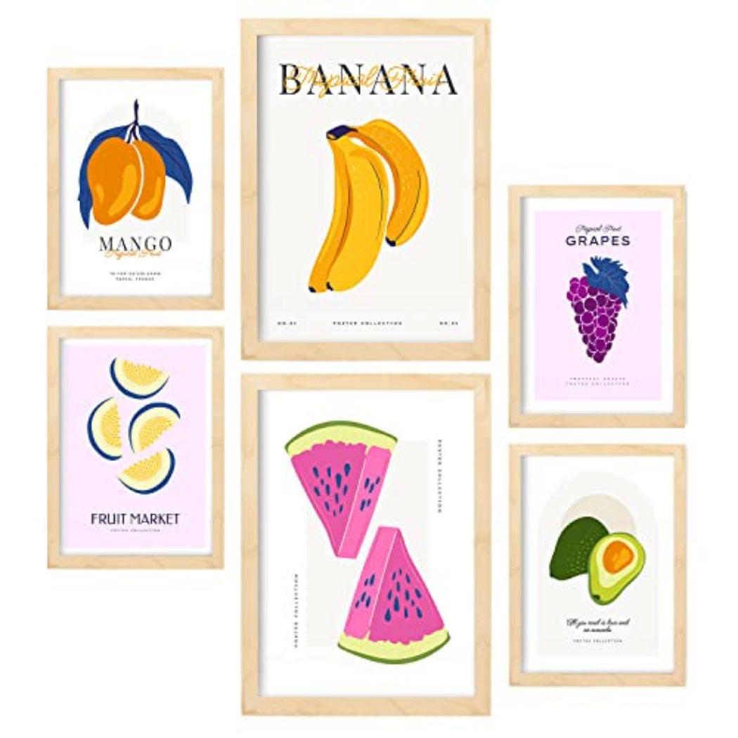 POSTER Set Mit 6 Lebensmittel Und Ernährungs Sommerfrüchte Natur Und Ernährungs Für Innenarchitektur A3 & A4 Rahmen Aus Hellem Holz - Beige, Papier (29/3cm) - Nacnic